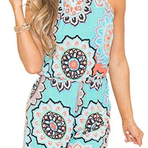 Light Blue Bohemian Sleeveless Shorts Romper - Picture 2 of 4